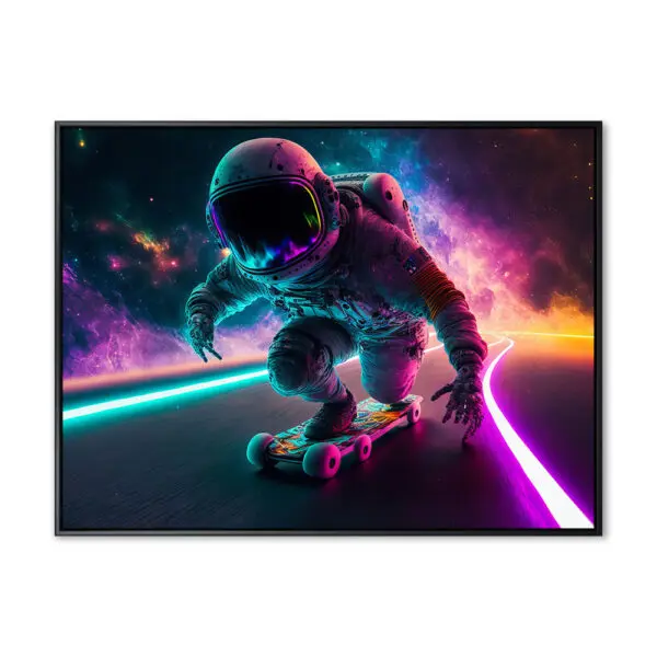 Generative AI illustration of unrecognizable skateboarder in space suit riding on black road with glowing neon lines against vibrant cosmos