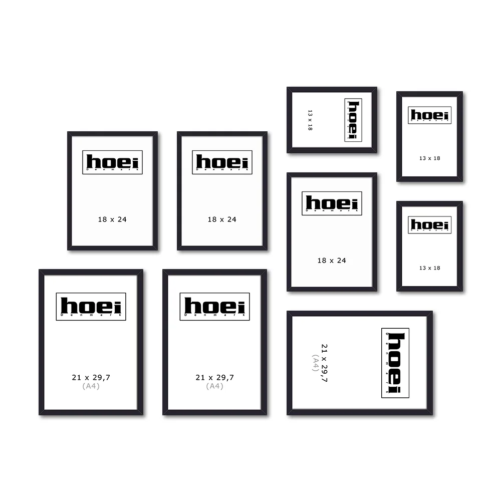 Sorte rammer i forskellige størrelser til en personlig billedvæg