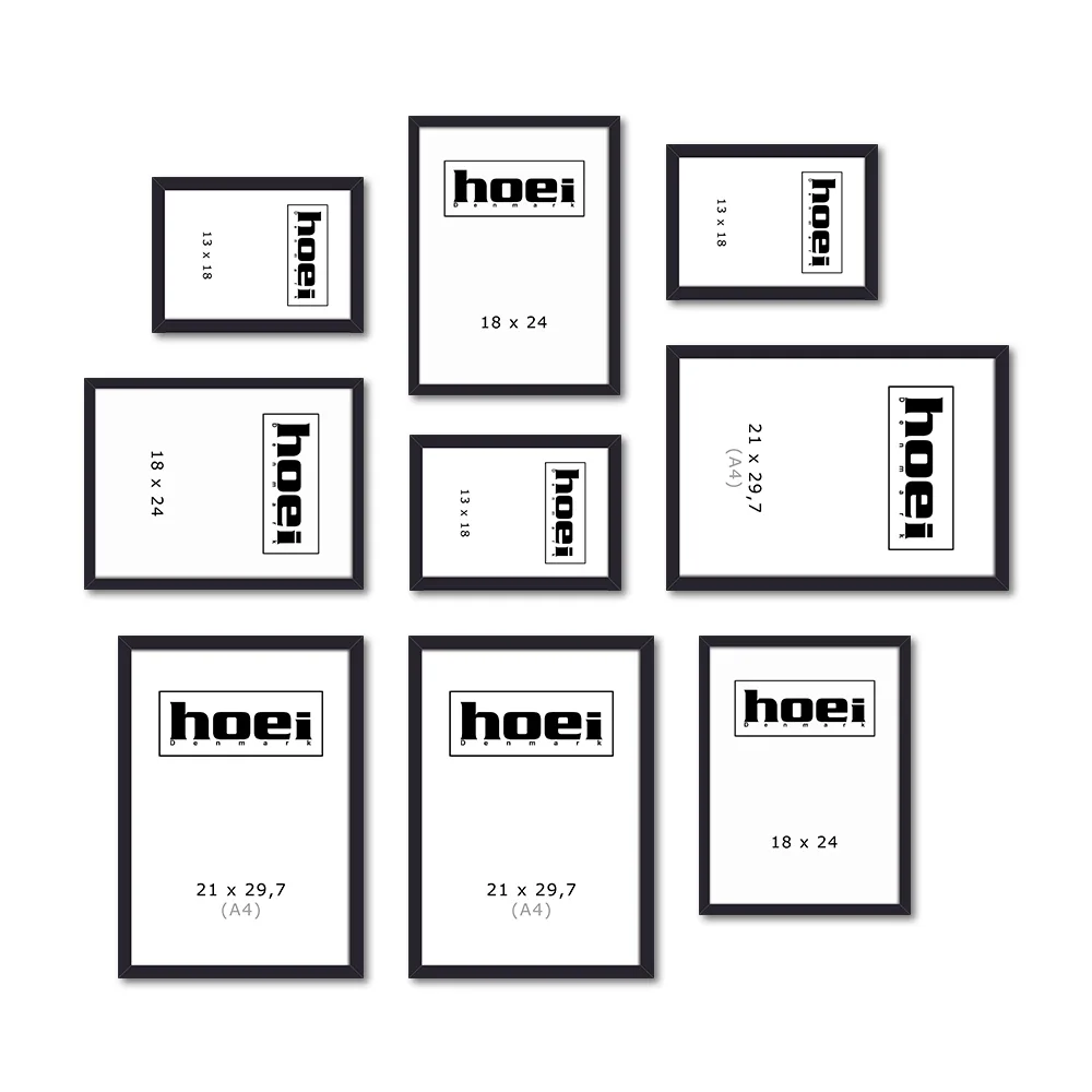 Sorte rammer i forskellige størrelser til en personlig billedvæg