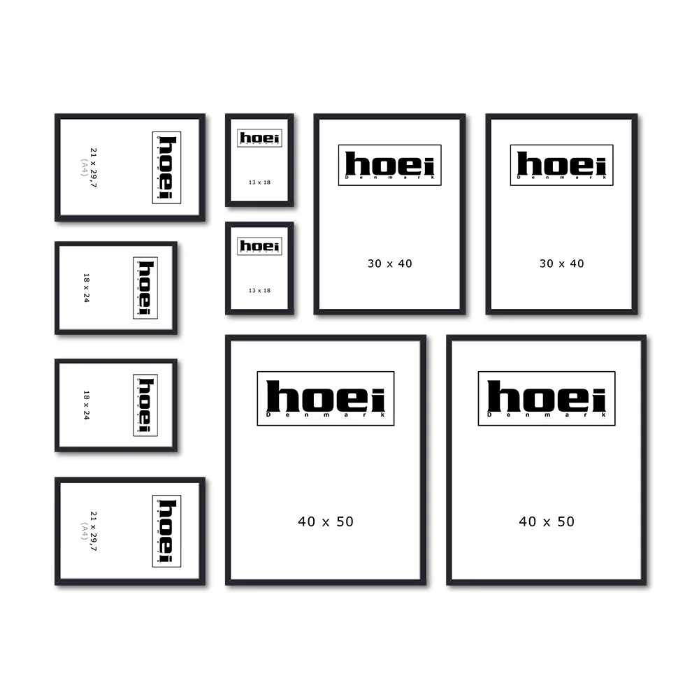 Samlet pakke til billedvæg med sorte rammer i forskellige størrelser