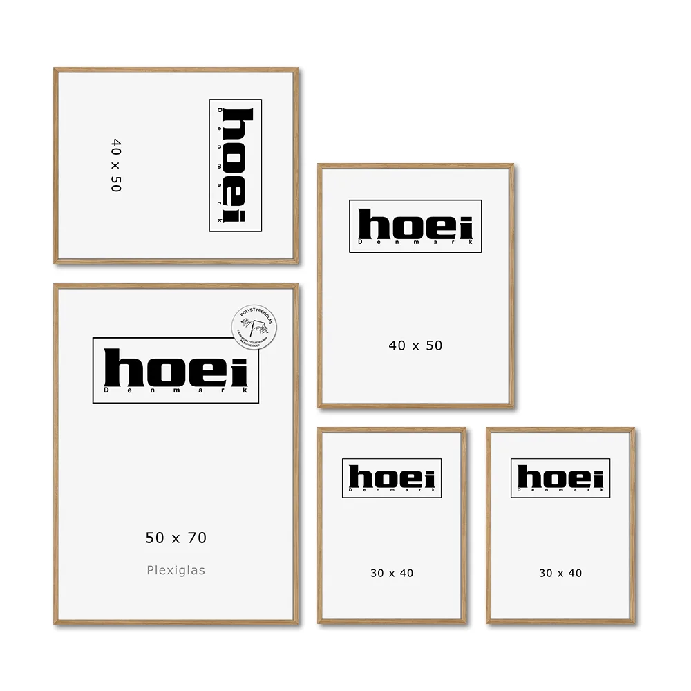 Billedvæg med 5 massive egetrærammer