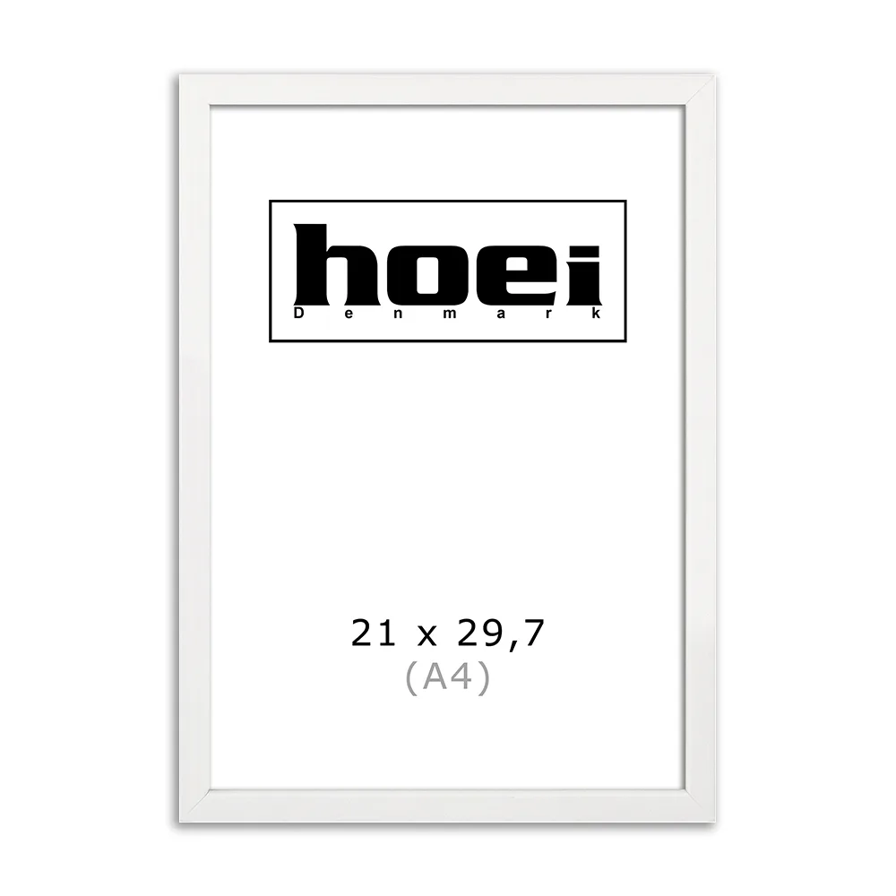 Hvid billederamme i 21x29,7 cm A4, med almindelig glas og bagstøtte