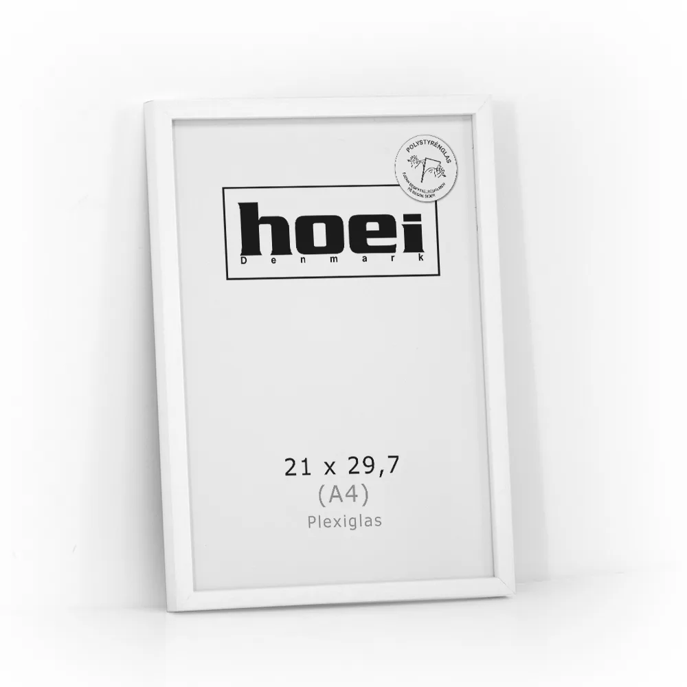 Fotoramme i 21x29,7 A4 cm, hvidmalet med plexiglas og bagstøtte