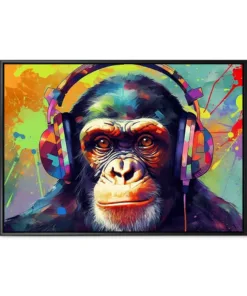 portrait of a party monkey ape with headphones on a colorful abs