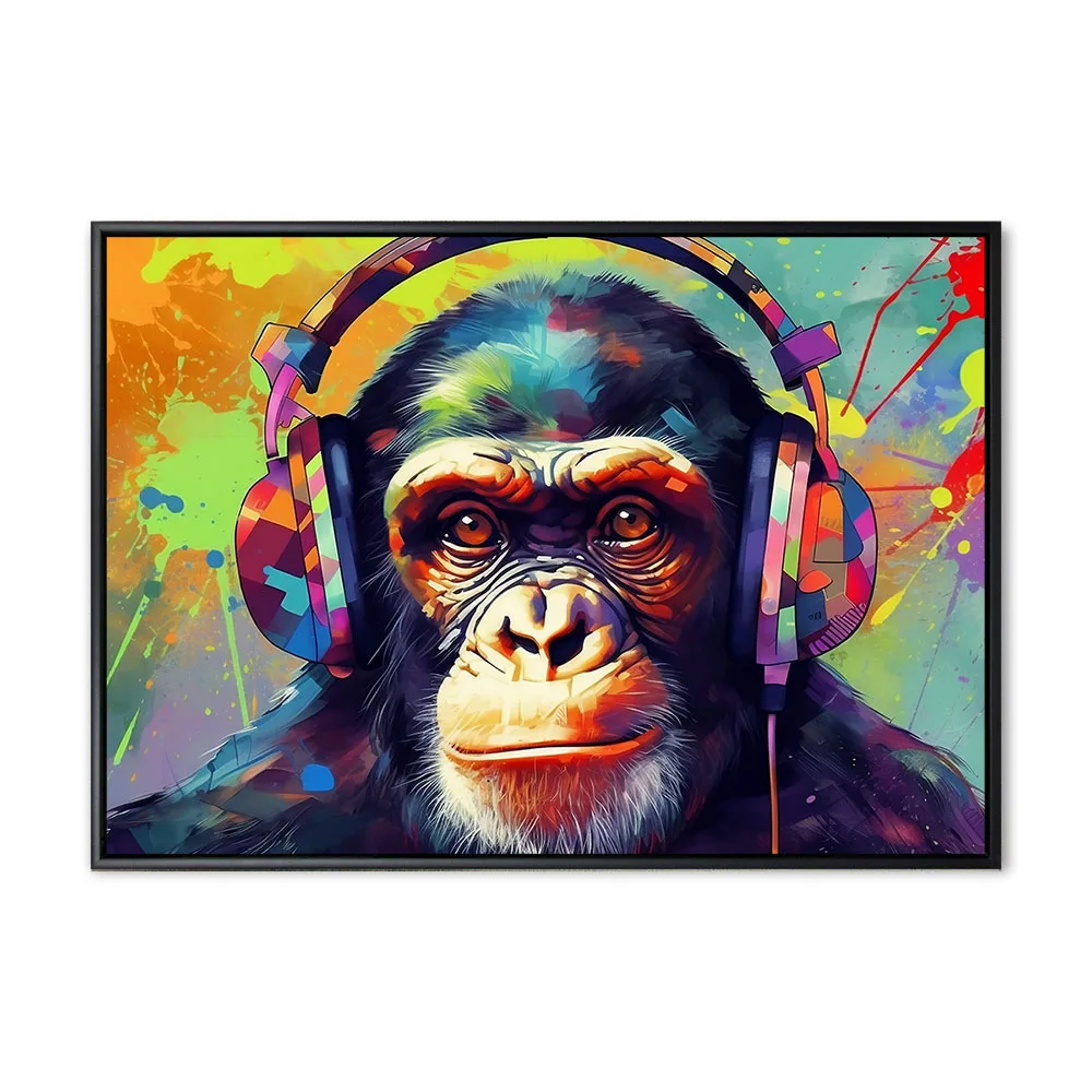 portrait of a party monkey ape with headphones on a colorful abs portrait of a party monkey ape with headphones on a colorful abs