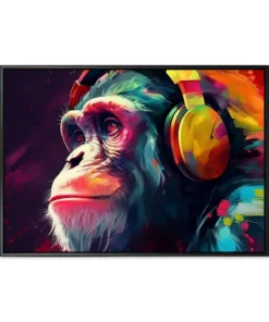 portrait of a party monkey ape with headphones on a colorful abs