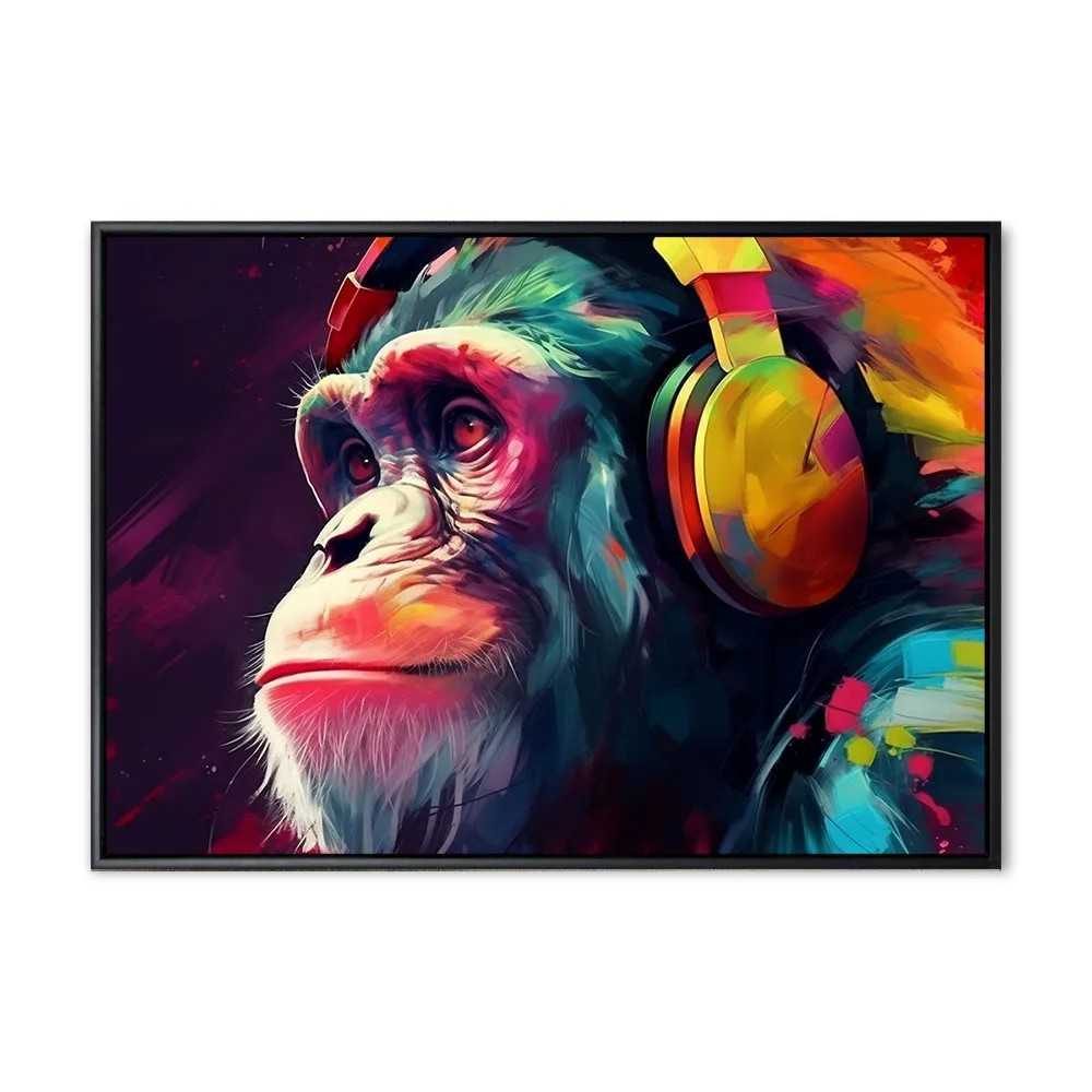 portrait of a party monkey ape with headphones on a colorful abs portrait of a party monkey ape with headphones on a colorful abs