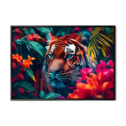 Tiger in the jungle. Tropical floral seamless background with T