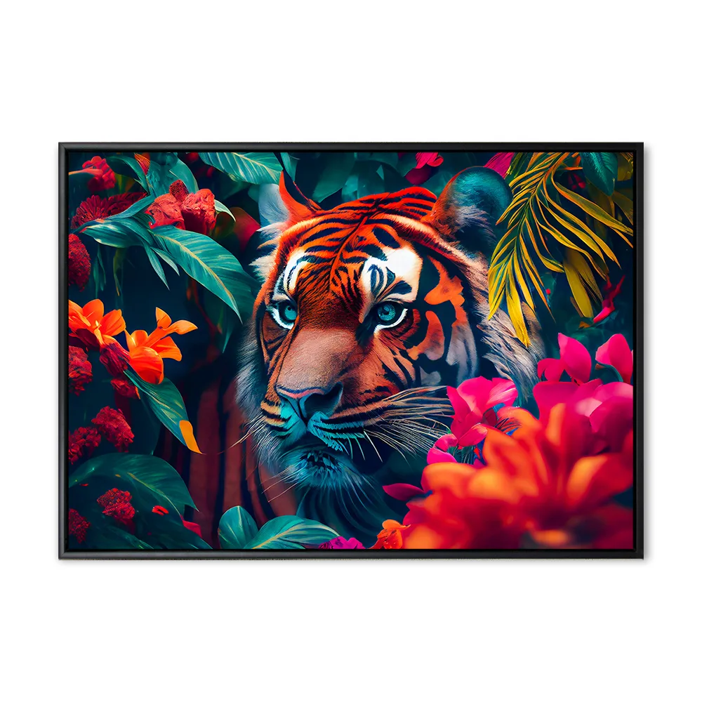 Tiger in the jungle. Tropical floral seamless background with T