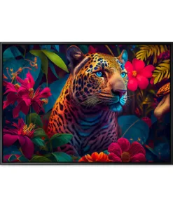 Jaguar in the jungle. Tropical floral seamless background with