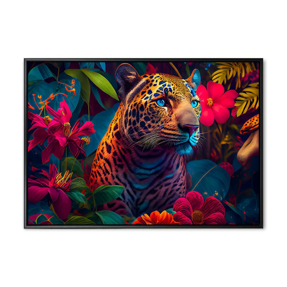Jaguar in the jungle. Tropical floral seamless background with