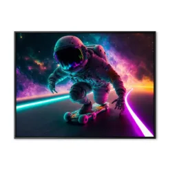 Generative AI illustration of unrecognizable skateboarder in space suit riding on black road with glowing neon lines against vibrant cosmos