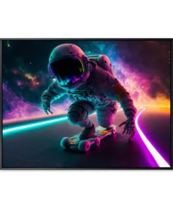 Generative AI illustration of unrecognizable skateboarder in space suit riding on black road with glowing neon lines against vibrant cosmos