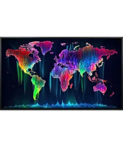 Abstract world map with colorful lights on dark background. Vect