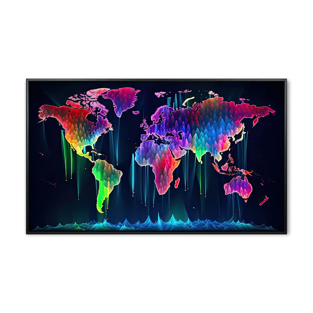 Abstract world map with colorful lights on dark background. Vect