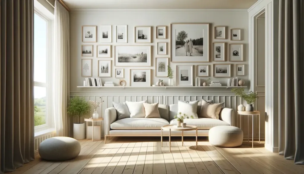 Fotorammer på væg der tilsammen skaber en billedvæg i en stue