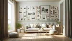 Fotorammer på væg der tilsammen skaber en billedvæg i en stue