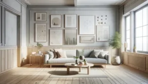 Billedvæg i stuen med store rammer til plakater