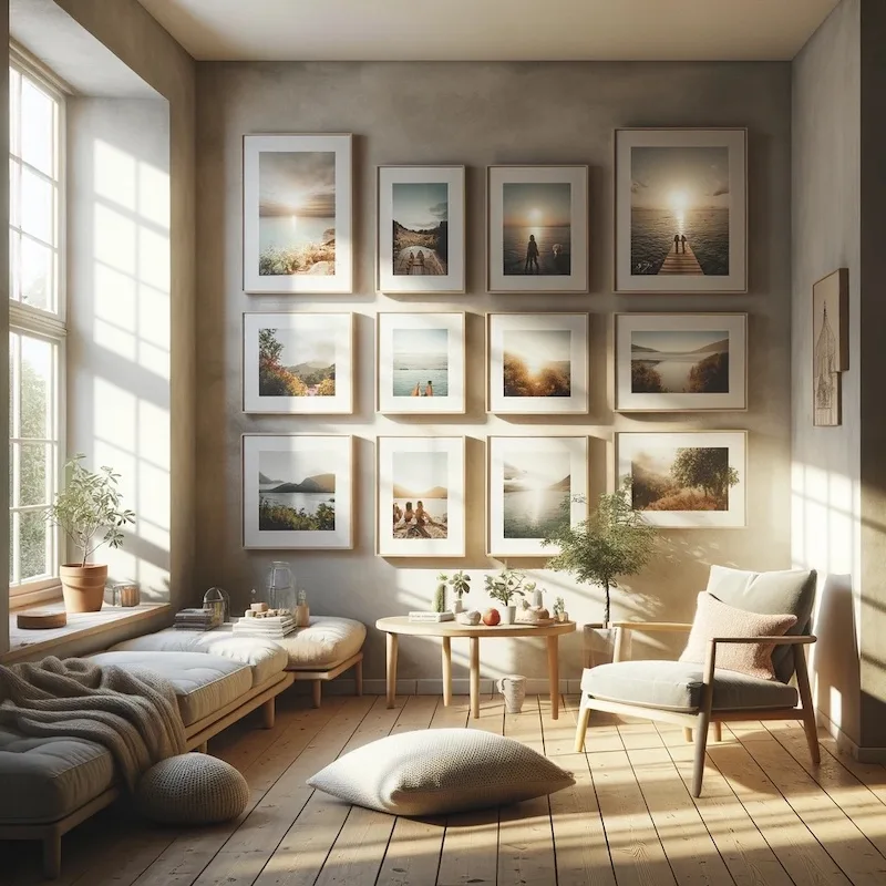En billedvæg med indrammede fotoplakater lavet med egne billeder
