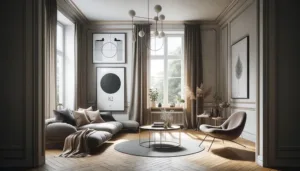 En lys og skandinavisk stue med store rammer på væggene, blandt andet en A1 ramme.