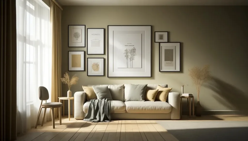 A3 rammer med forskellige grafiske motiver på en gul væg, så der skabes en flot billedvæg