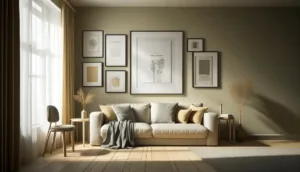 A3 rammer med forskellige grafiske motiver på en gul væg, så der skabes en flot billedvæg