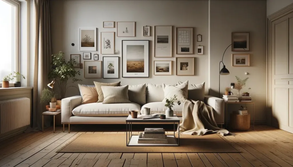 A4 rammer på en billedvæg sammen med andre rammestørrelser. Alle rammerne hænger over en sofa. Rummet er lyst og skandinavisk.