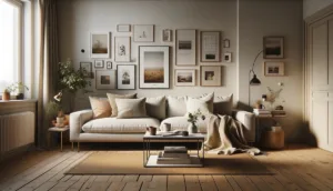 A4 rammer på en billedvæg sammen med andre rammestørrelser. Alle rammerne hænger over en sofa. Rummet er lyst og skandinavisk.