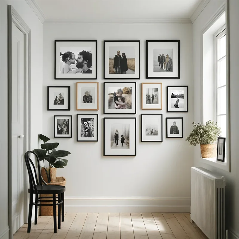 En billedvæg fyldt med sort/hvid fotos