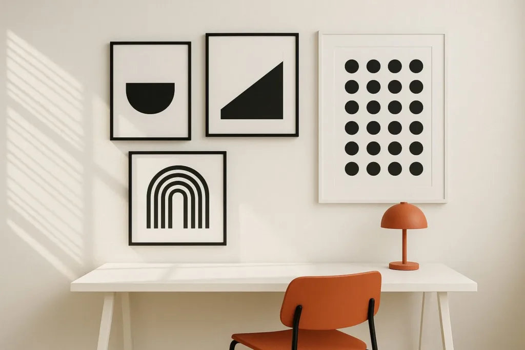 Sorte og hvide rammer i forskellige størrelser på en billedvæg. 50x70 cm rammer, 30x40 cm rammer og kvadratiske rammer.