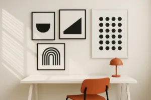 Sorte og hvide rammer i forskellige størrelser på en billedvæg. 50x70 cm rammer, 30x40 cm rammer og kvadratiske rammer.