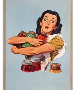 Woman holding jam jars, vintage illustration by Dick Williams. R