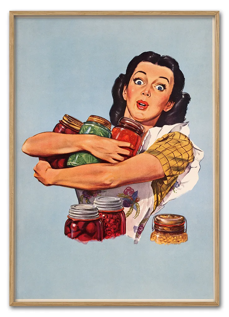 Woman holding jam jars, vintage illustration by Dick Williams. R