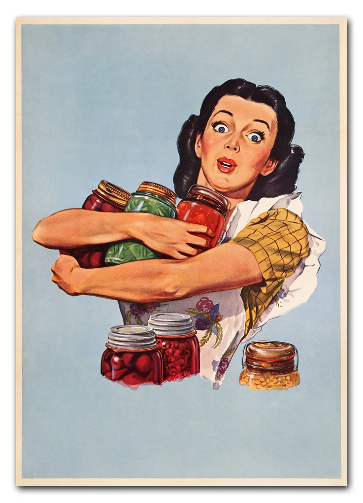 Woman holding jam jars, vintage illustration by Dick Williams. R