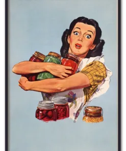 Woman holding jam jars, vintage illustration by Dick Williams. R