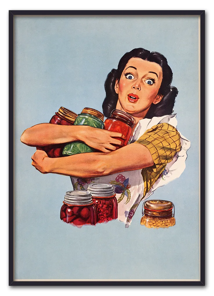Woman holding jam jars, vintage illustration by Dick Williams. R