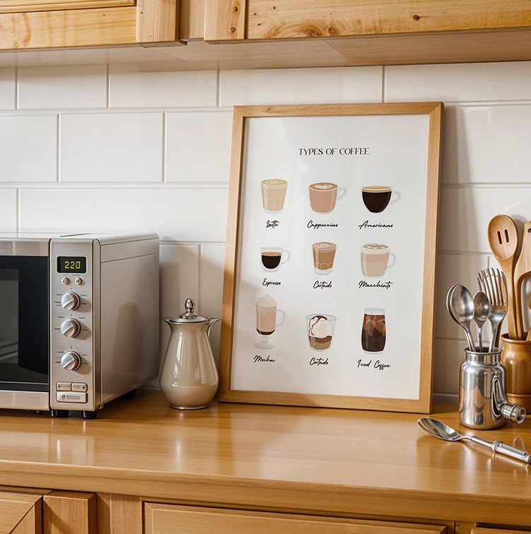 Plakat med forskellige kaffetyper i et lille køkken i træ