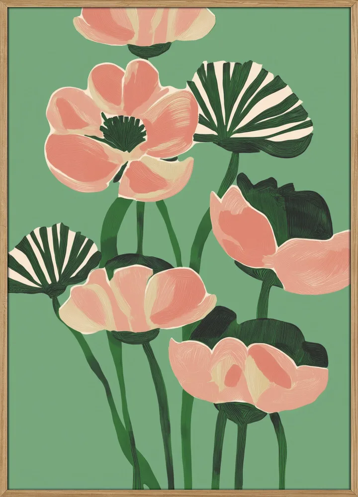 Coral Poppies On Green