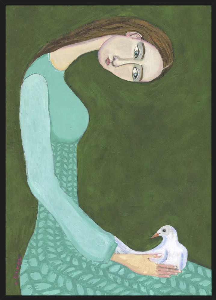 Lady sitting with white dove bird woman_Sort