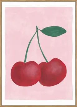 Red Cherries with a Green Leaf
