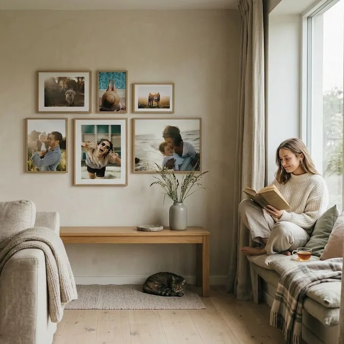 Personlig billedvæg med familiebilleder i en sandfarvet stue