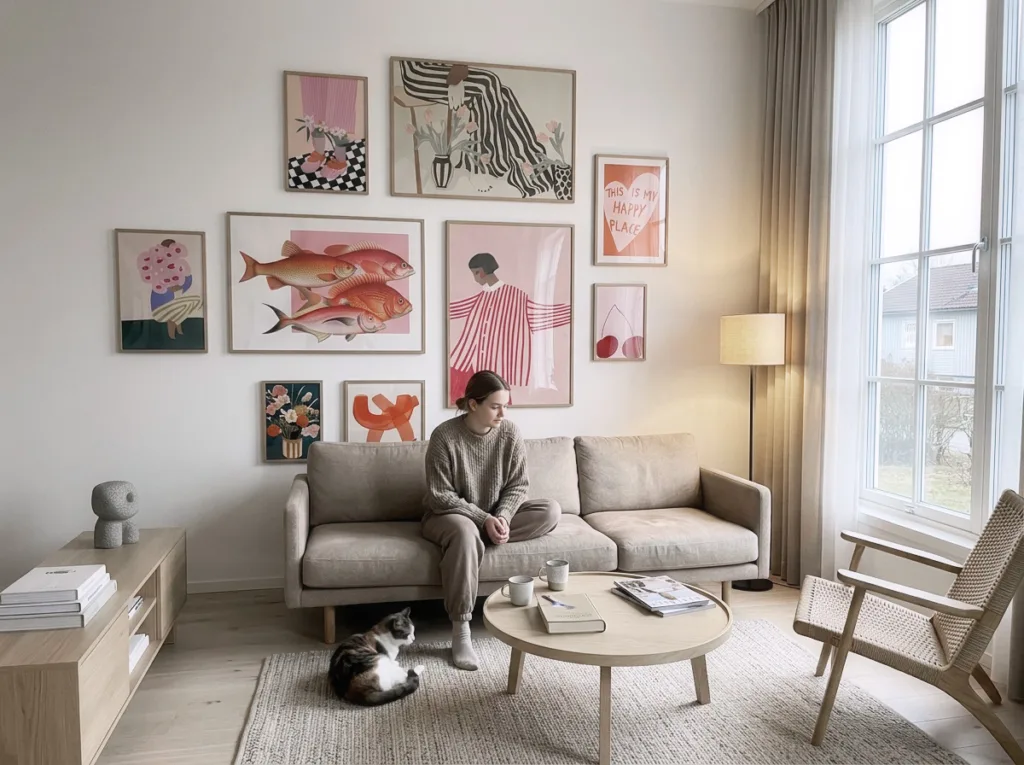 Billedvæg med plakater i forskellige størrelser indrammet i egetræsrammer