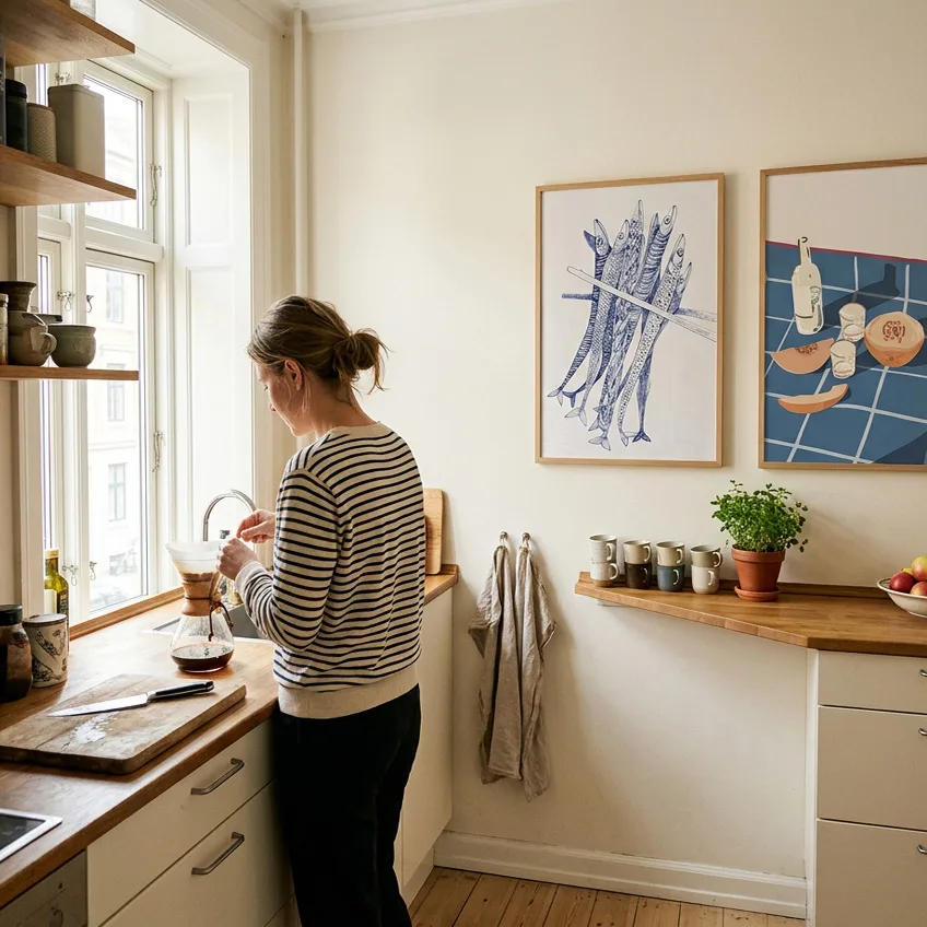 To blå plakater i egetræsrammer, der hænger i et køkken