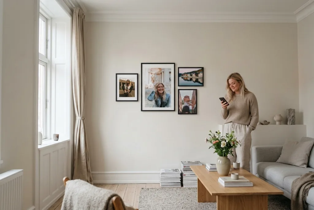 Feriebilleder i sorte billedrammer på en lys væg i en stue