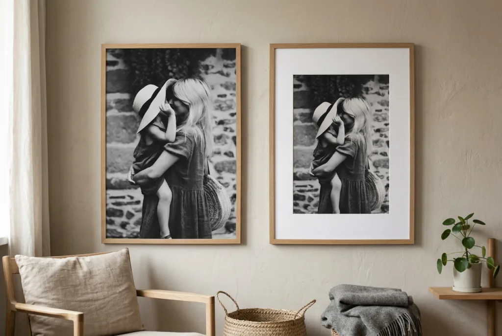 To billeder der hænger ved siden af hinanden og viser forskellen på at indramme med eller uden passepartout