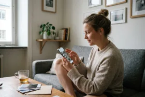 En kvinde der scroller igennem billeder på sin mobil for at finde de rigtige at printe