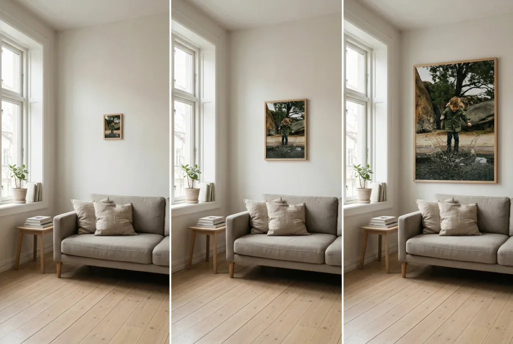 Det samme motiv printet og indrammet i tre forskellige størrelser for at vise forskellen på formater